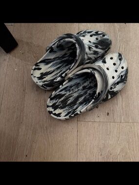 CROCS Black and White Marbled Slip-On Clogs